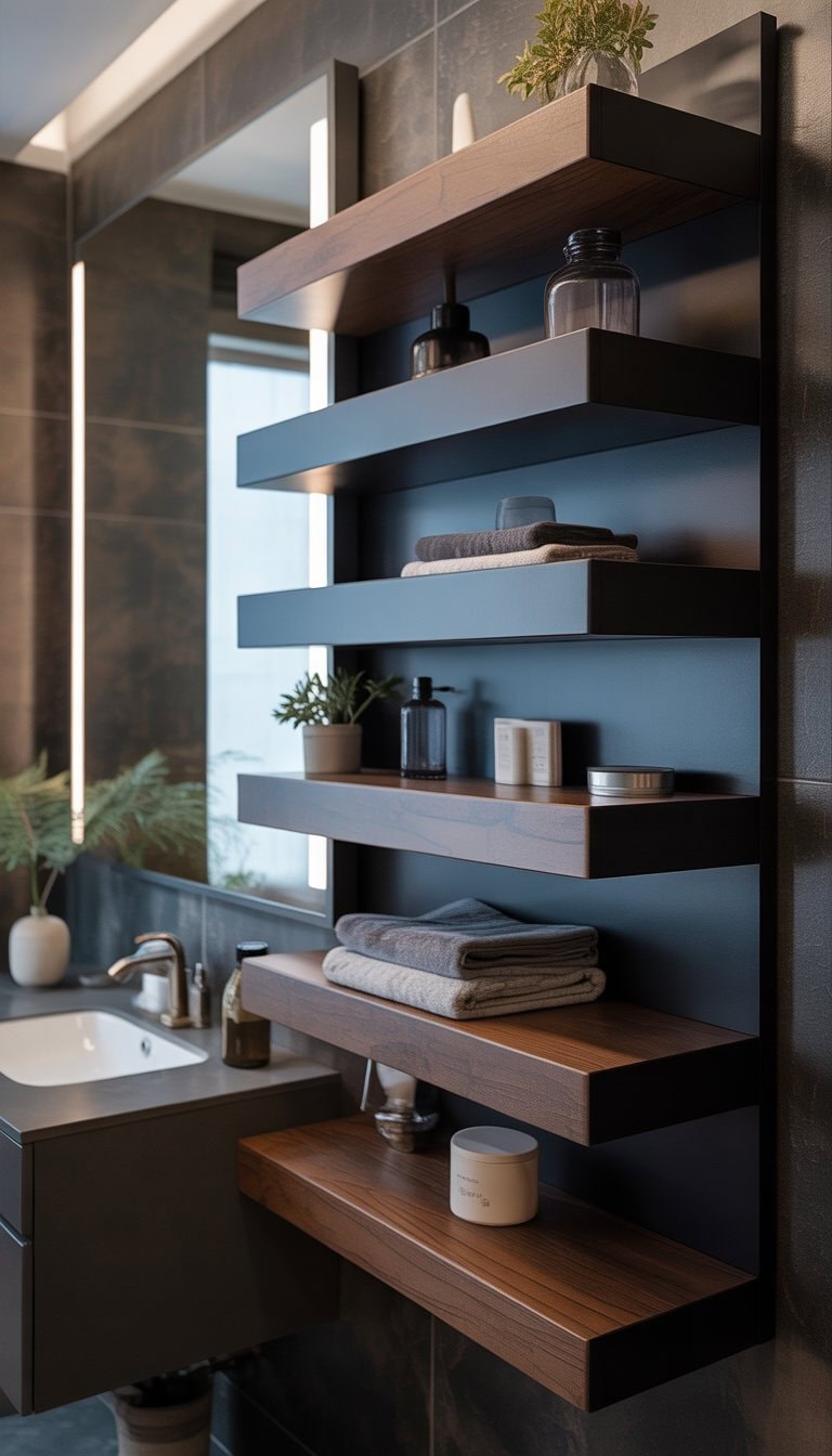 A bathroom with floating shelves in matte black and dark wood holding towels, plants, and decor on a dark wall above a sink with a mirror.