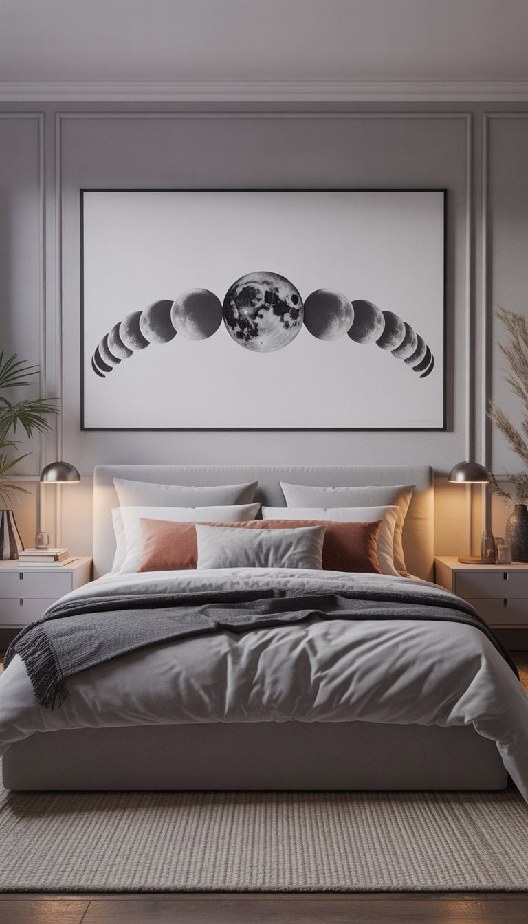 A master bedroom with a bed beneath a large wall display of 21 moon phases arranged in a decorative pattern.