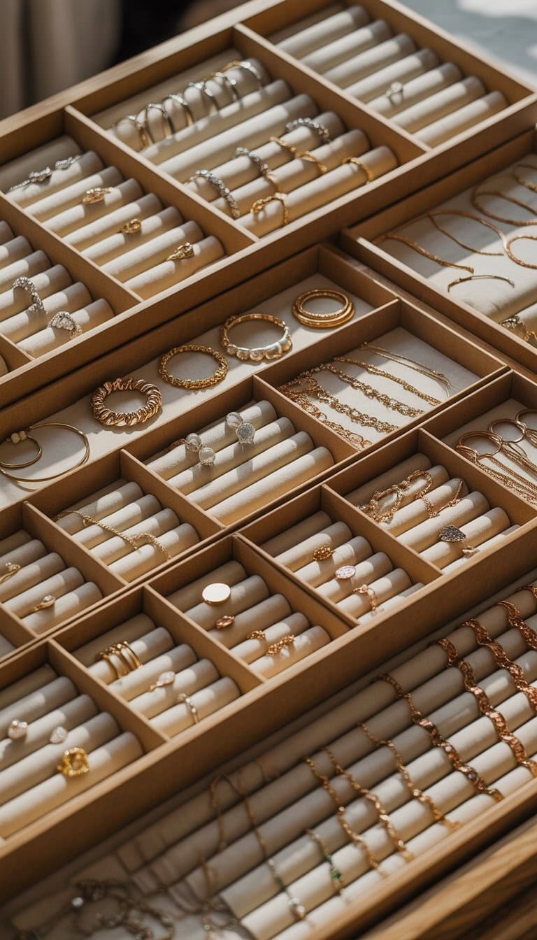 A jewelry display organized with cardboard dividers separating rings, bracelets, necklaces, and earrings.