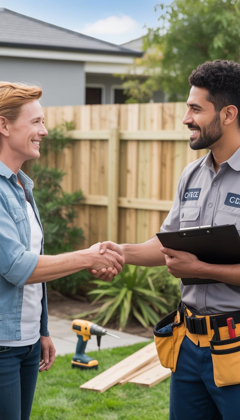 A homeowner shaking hands with a local fence contractor outdoors in a backyard with a wooden fence in the background.