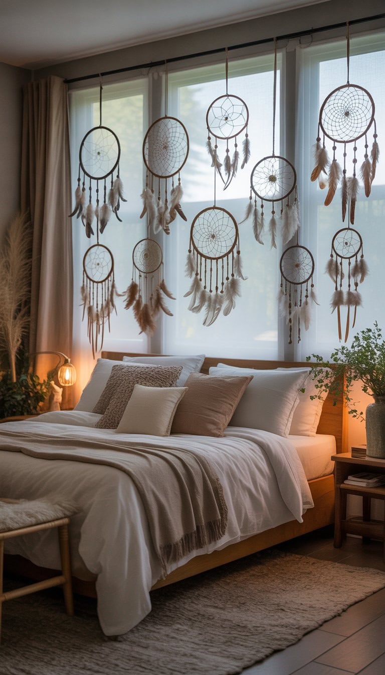 A master bedroom with a bed and multiple dreamcatchers hanging on the walls, illuminated by natural light and decorated with plants and wooden furniture.