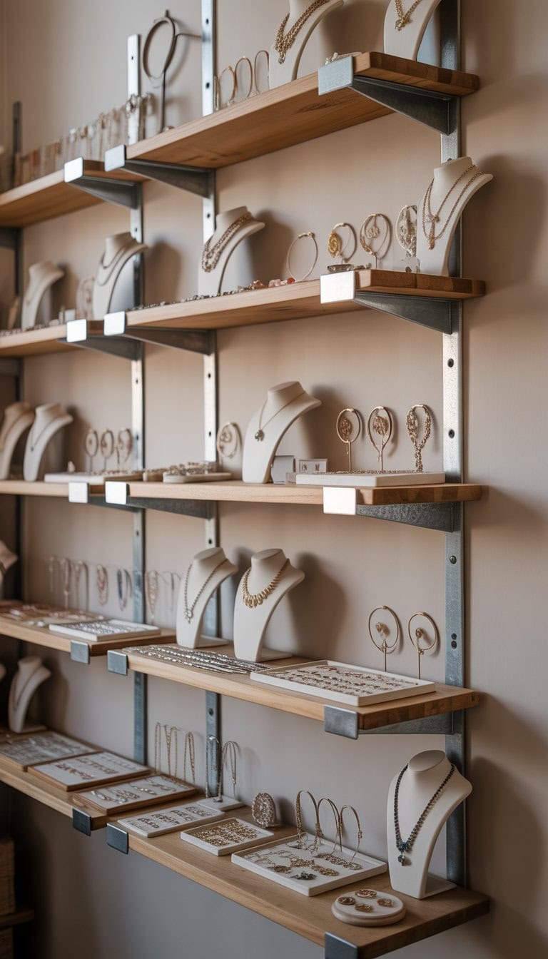 A wall-mounted jewelry display with metal shelf brackets holding wooden shelves filled with various jewelry pieces like necklaces, bracelets, rings, and earrings.