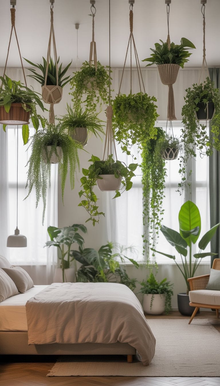 Master bedroom with multiple hanging green plants suspended from the ceiling above a neatly made bed.