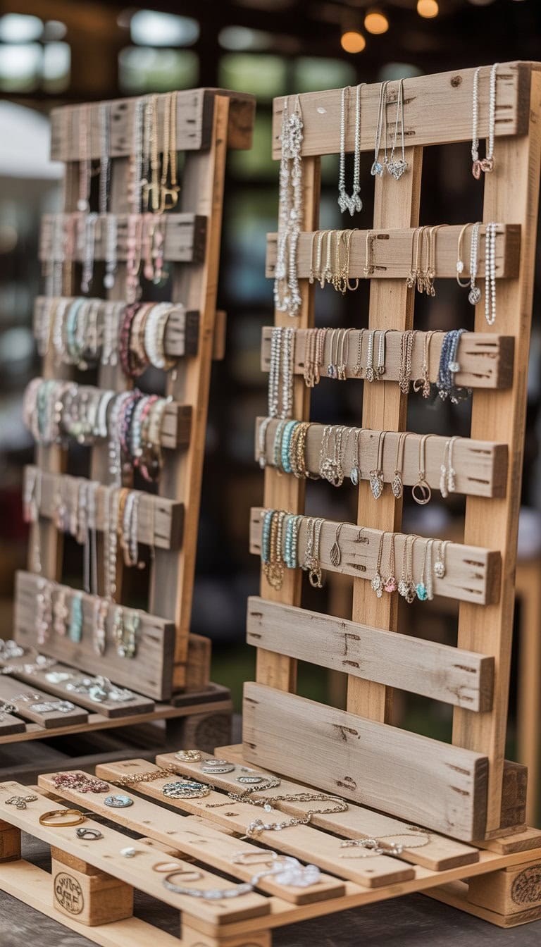 Rustic wooden pallets repurposed as display boards holding various necklaces, bracelets, earrings, and rings in an organized arrangement.