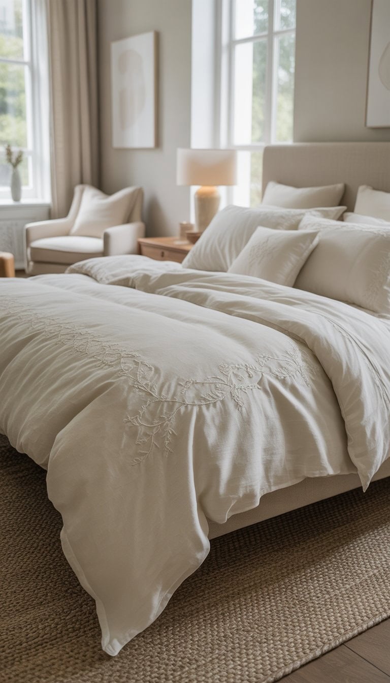 A master bedroom with a neatly made bed featuring ivory linen bedding with embroidery, natural light, and tasteful decor.