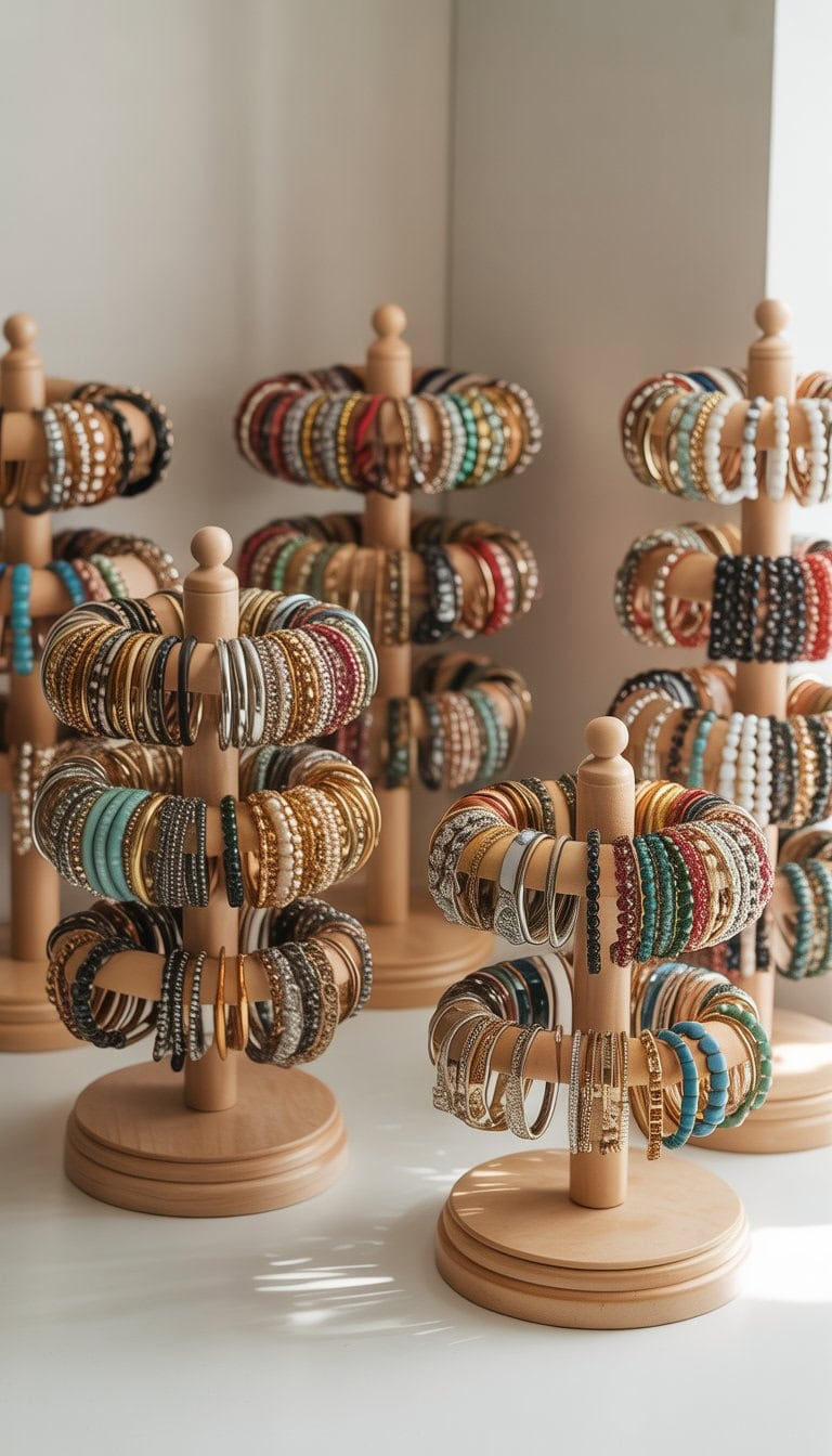 Rotating carousel stands displaying various bracelets on a clean surface.