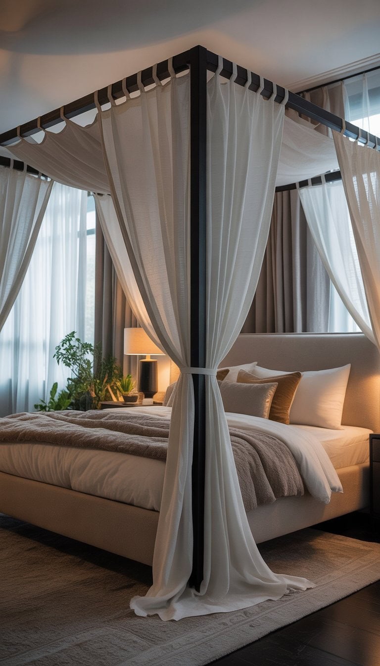 A master bedroom with a large draped canopy bed, bedside tables with lamps, a rug, and plants, softly lit by natural light through windows.