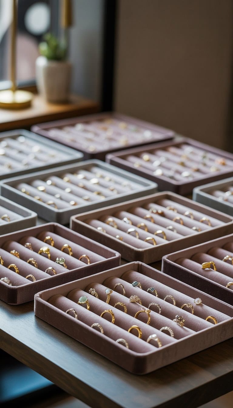 Multiple velvet-lined trays filled with various rings displayed neatly on a wooden table.