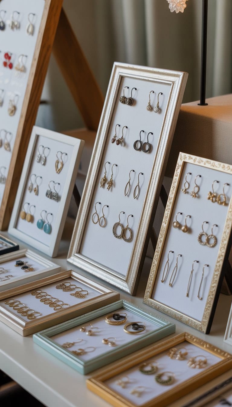 Picture frames with small hooks attached, displaying various pairs of earrings hanging neatly on them.