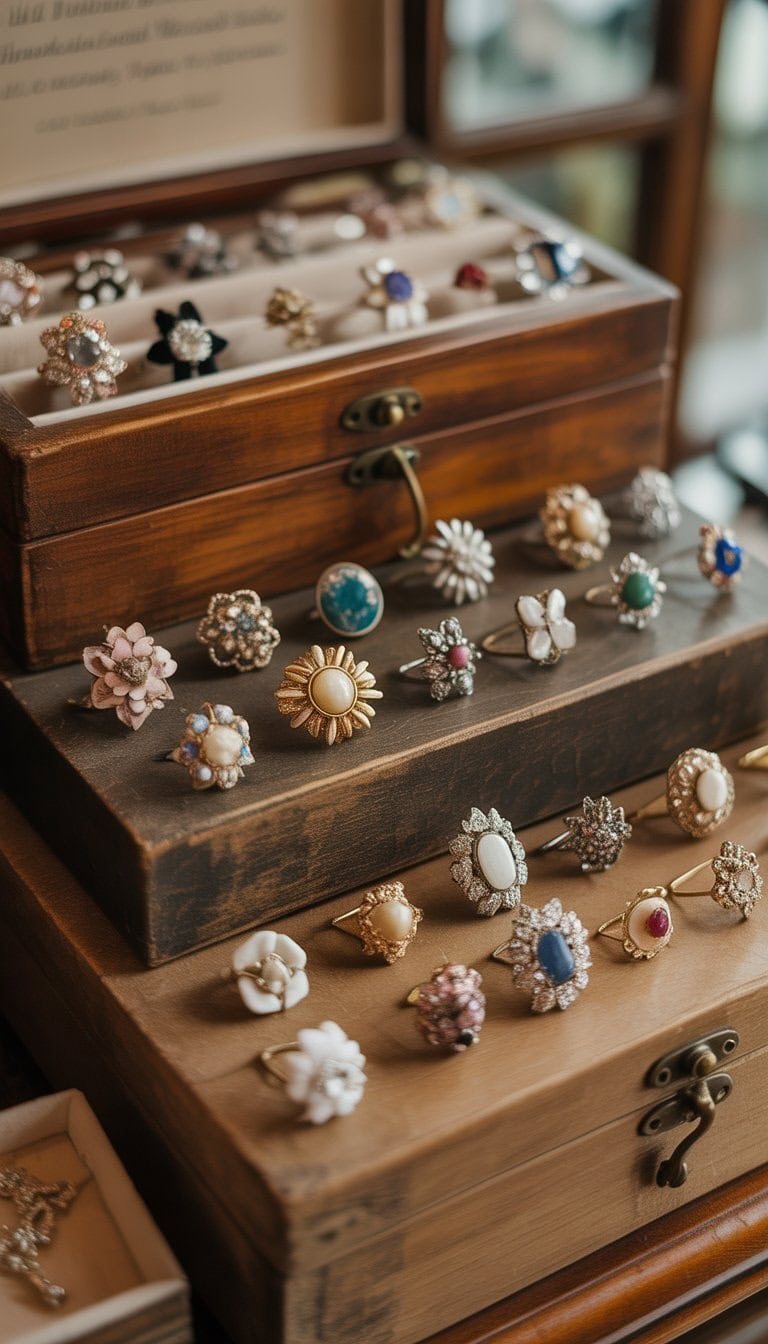 Brooches displayed on antique wooden boxes with various designs and textures.