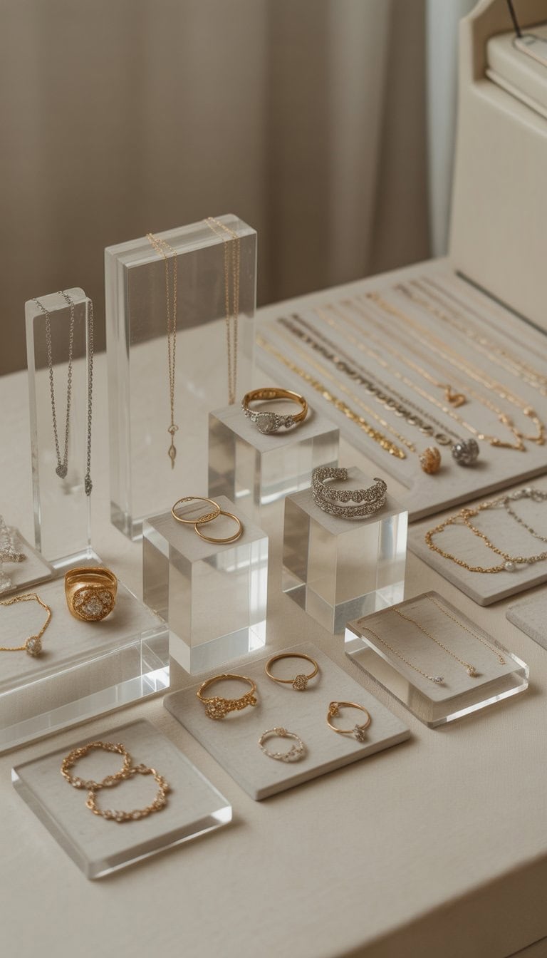 Jewelry pieces displayed on clear acrylic risers arranged at different heights on a clean surface.