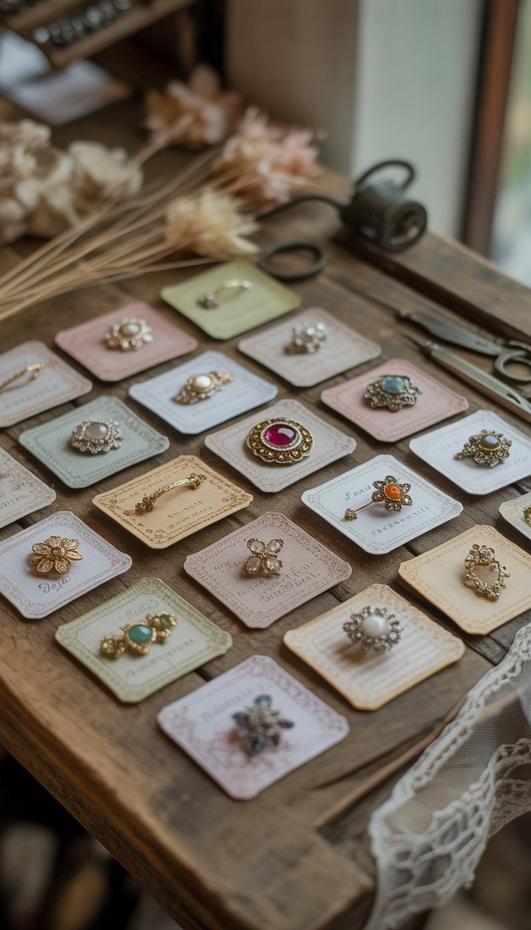 A collection of antique-style brooches displayed on handmade cards arranged on a wooden table with dried flowers and lace nearby.