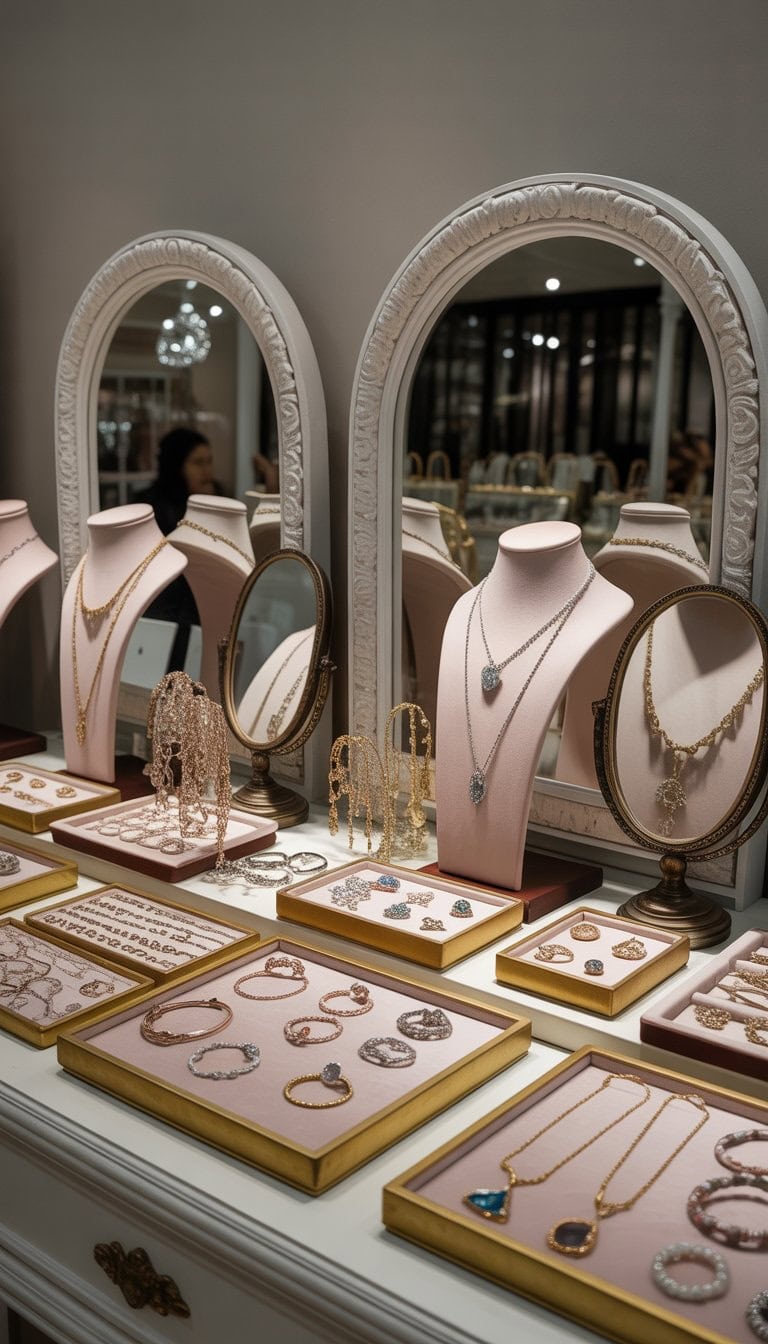 A jewelry vendor display with ornate framed mirrors reflecting various pieces of jewelry arranged on stands and trays.