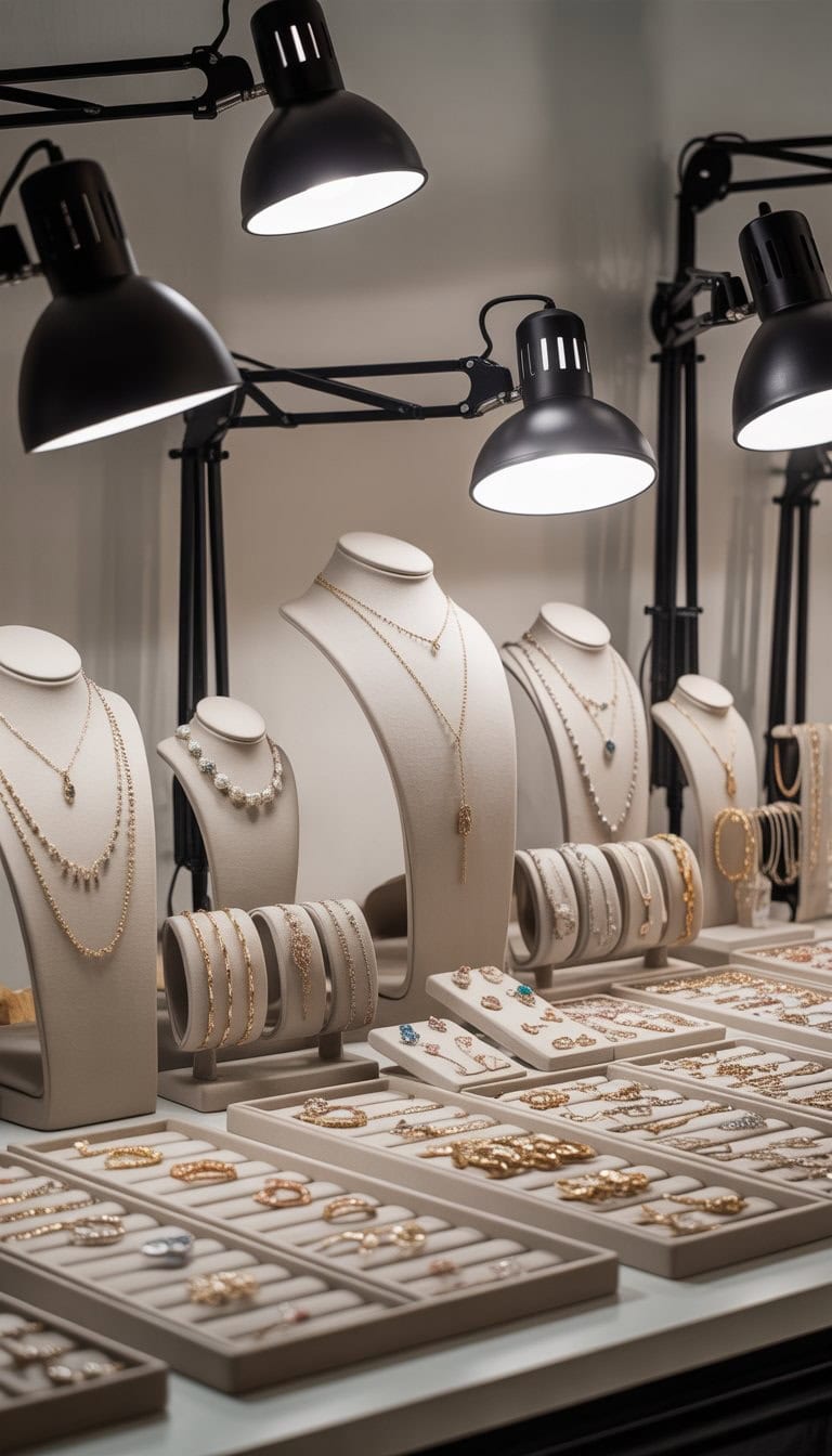 Jewelry vendor display with adjustable clamp lamps spotlighting various pieces of jewelry on stands and trays.