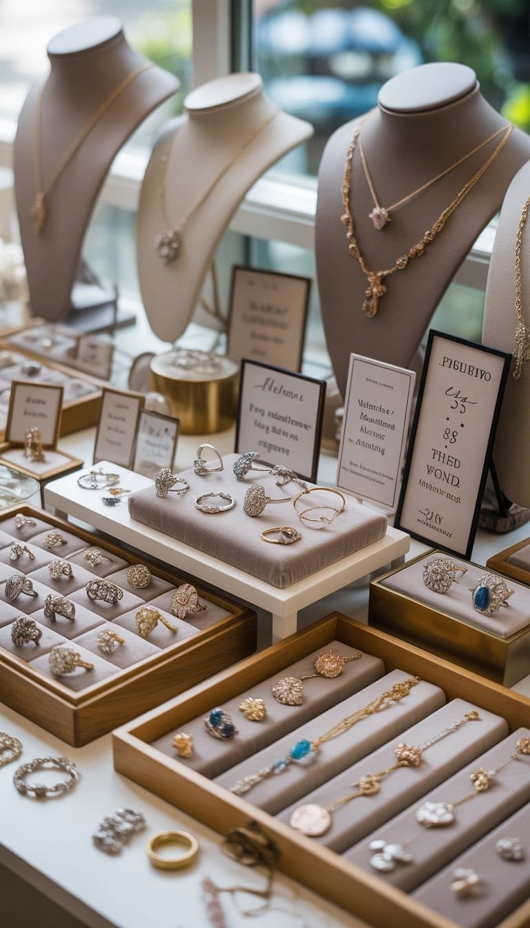 A jewelry vendor display with multiple signboards arranged around various rings, necklaces, bracelets, and earrings on different stands.