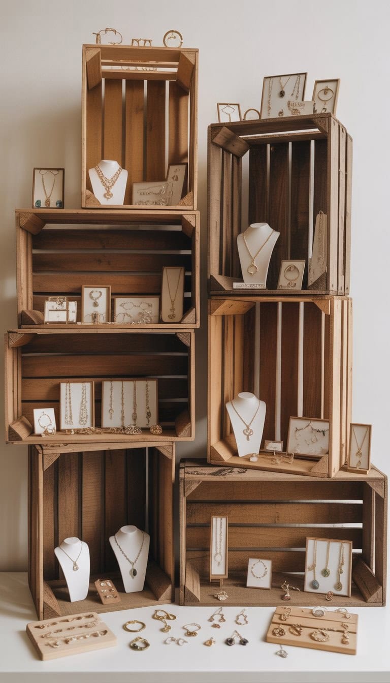Wooden crates stacked at different heights displaying various pieces of jewelry including necklaces, bracelets, rings, and earrings.