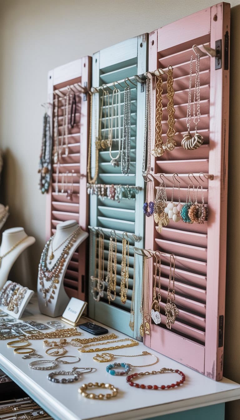Jewelry displayed hanging on vintage wooden window shutters with various necklaces, bracelets, and earrings arranged neatly.