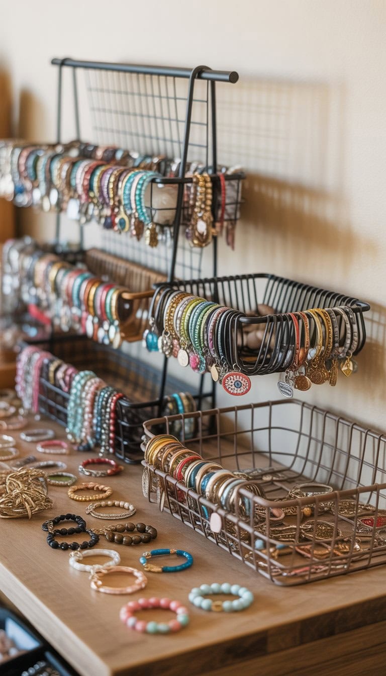 Wire baskets filled with various loose charm bracelets displayed on a wooden table.