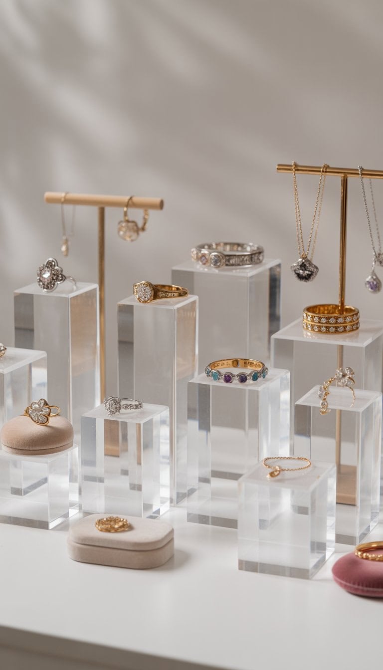 A jewelry display with multiple pieces arranged on short clear acrylic risers of different heights, showcasing rings, bracelets, necklaces, and earrings.