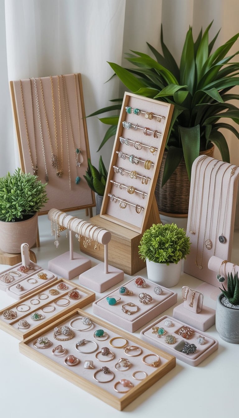 A jewelry vendor display with 35 different arrangements of rings, necklaces, bracelets, and earrings, accented by small potted plants placed around the jewelry.