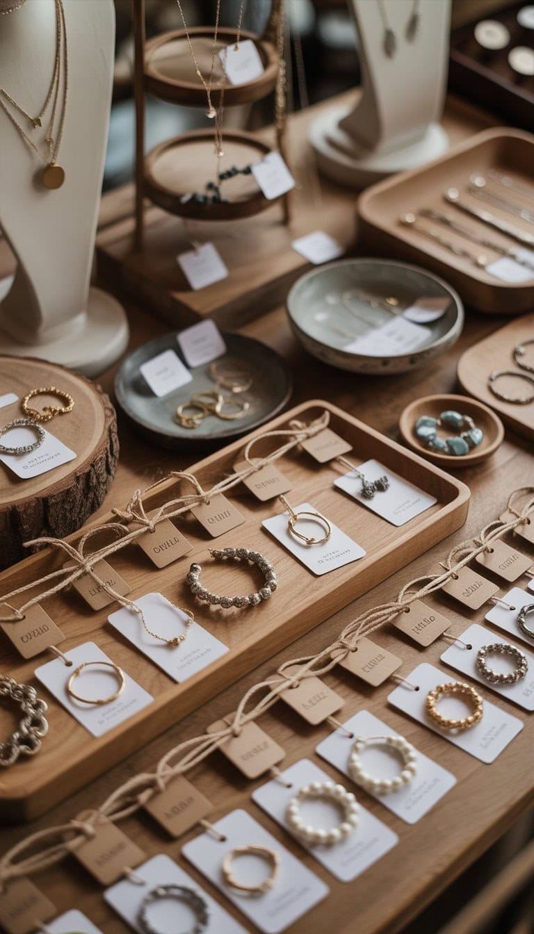 A jewelry vendor display with various pieces labeled using kraft paper tags tied with twine, arranged on a wooden table.