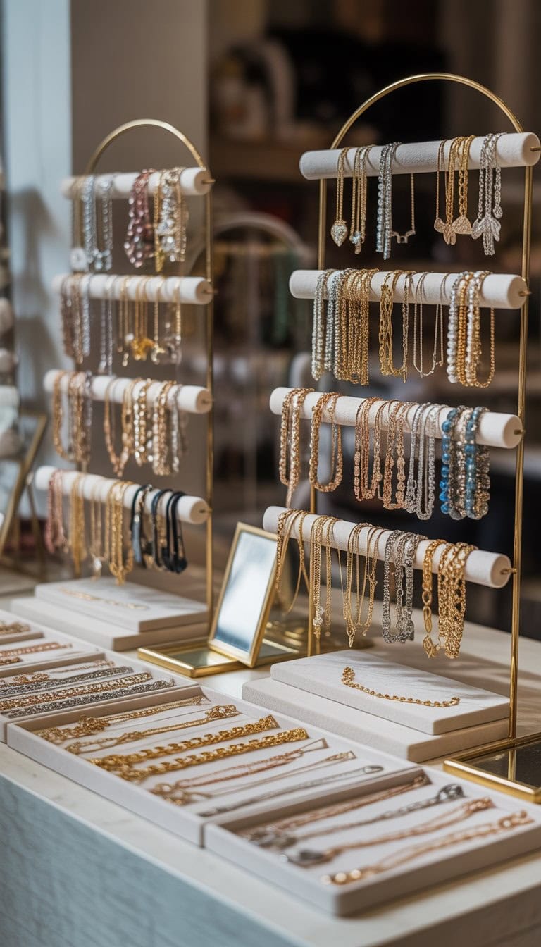 A display of multiple-tiered jewelry stands holding various necklaces arranged on a table.