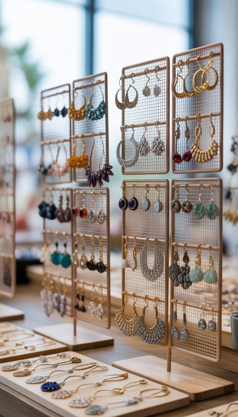 A display of various earrings hanging on decorative mesh panels arranged for a jewelry vendor.