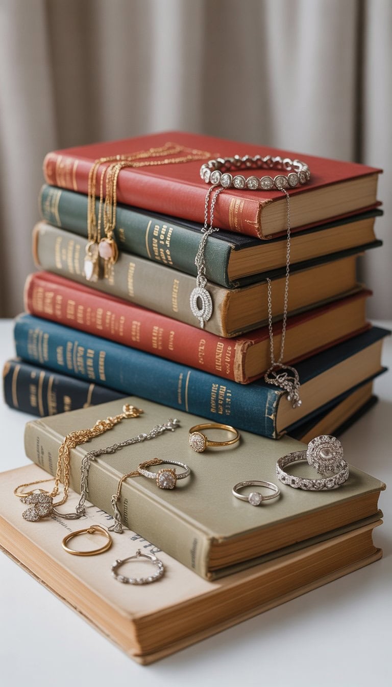Jewelry pieces displayed on a creative stack of vintage books with soft natural lighting.