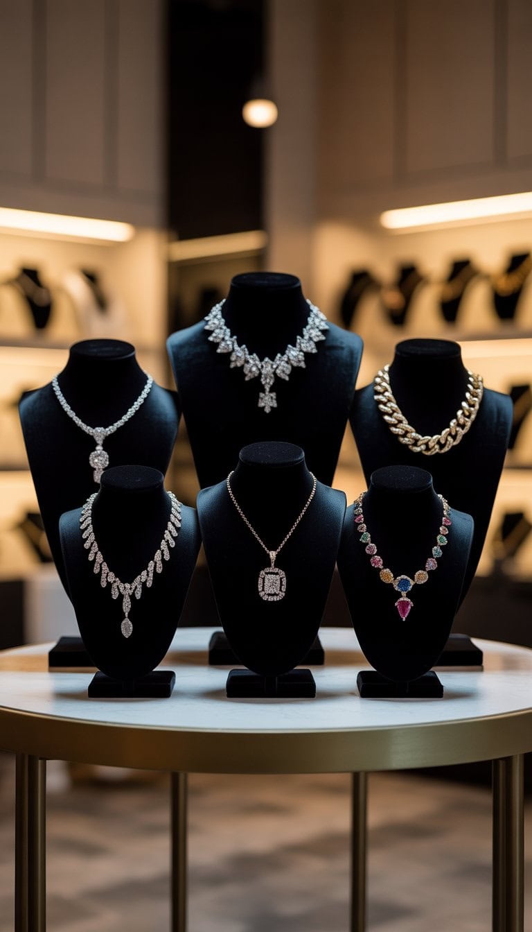A display of several black velvet busts showcasing different necklaces on a table with soft lighting.