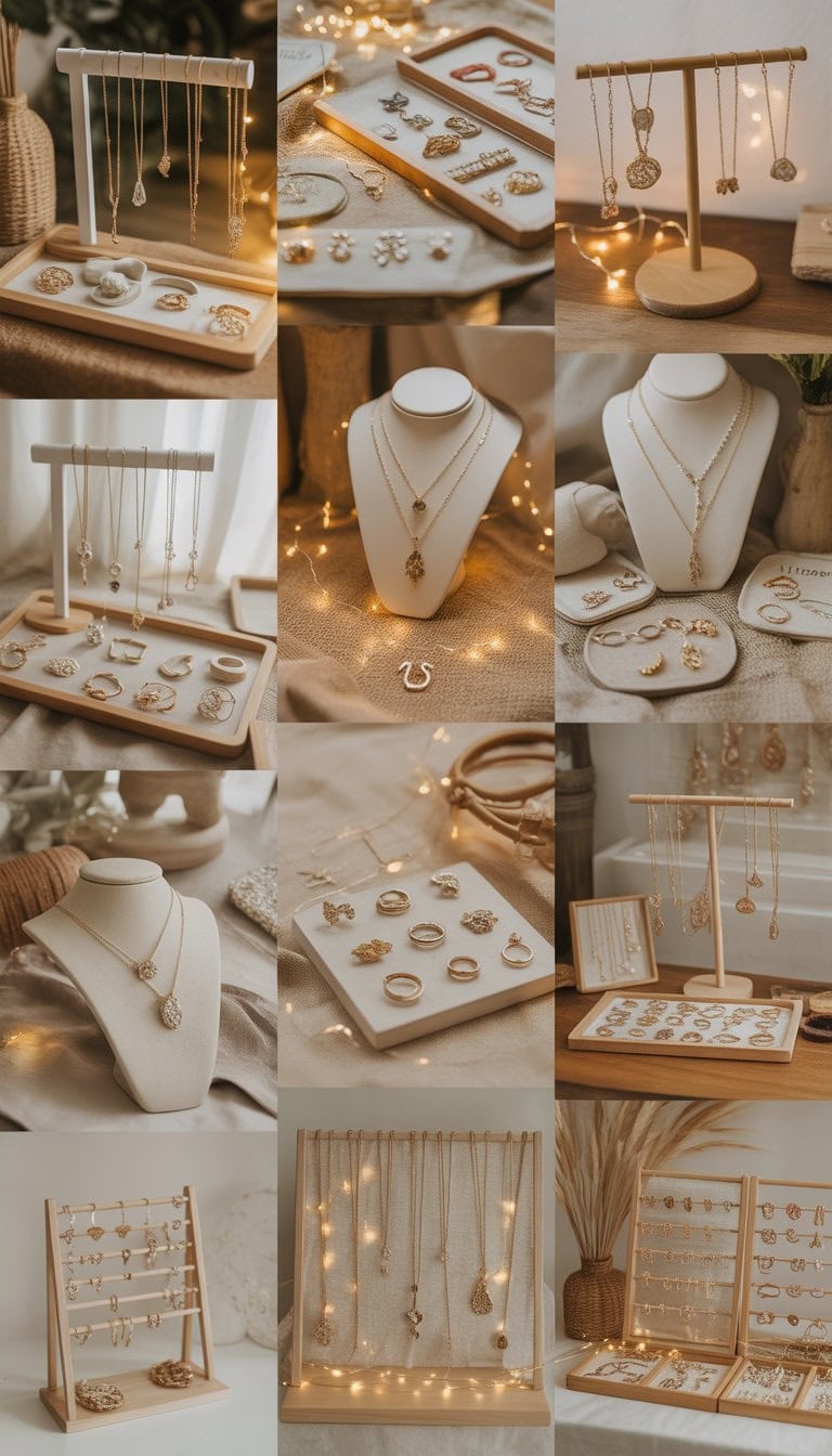 A jewelry vendor display with multiple arrangements of rings, necklaces, bracelets, and earrings illuminated by warm fairy lights.