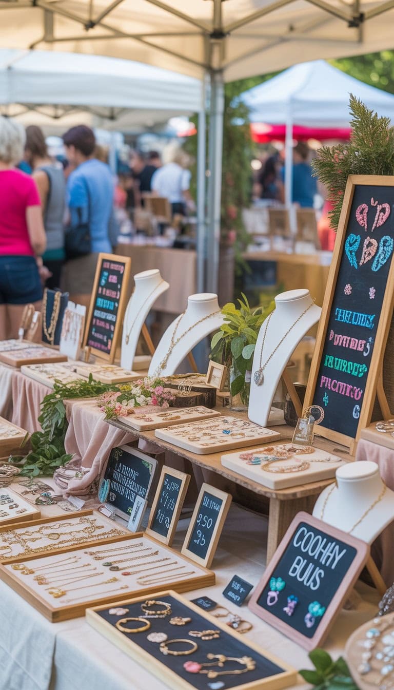 A jewelry vendor display at an outdoor market with various jewelry pieces arranged on wooden tables and small chalkboards placed among the items.