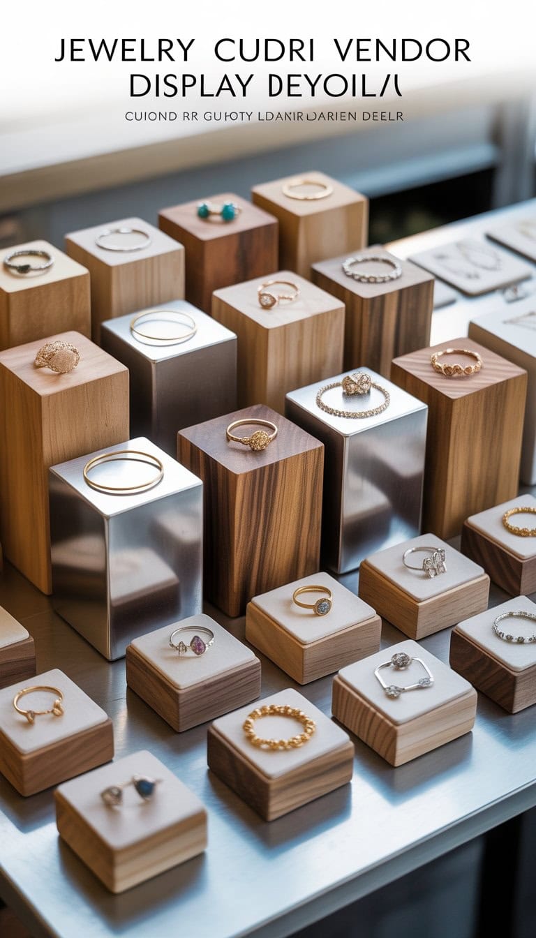 A variety of wooden and metal geometric display cubes arranged on a table, each holding different pieces of jewelry including rings, necklaces, bracelets, and earrings.