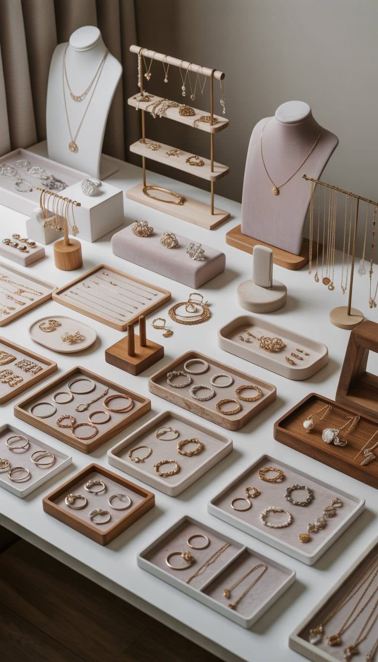 A clean, open table displaying various jewelry pieces arranged on minimalist stands and trays with ample space between them.
