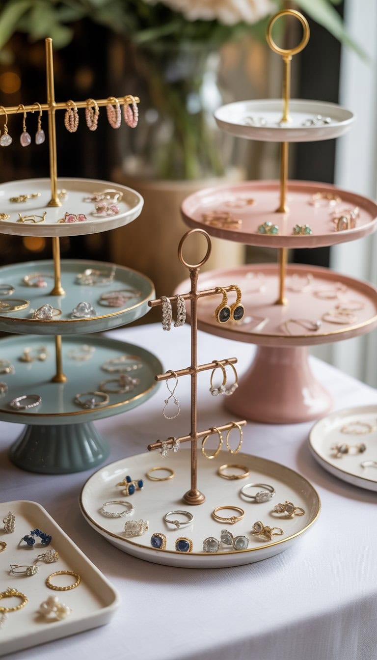 Tiered cake stands used to display earrings and rings on a table in a jewelry vendor setup.