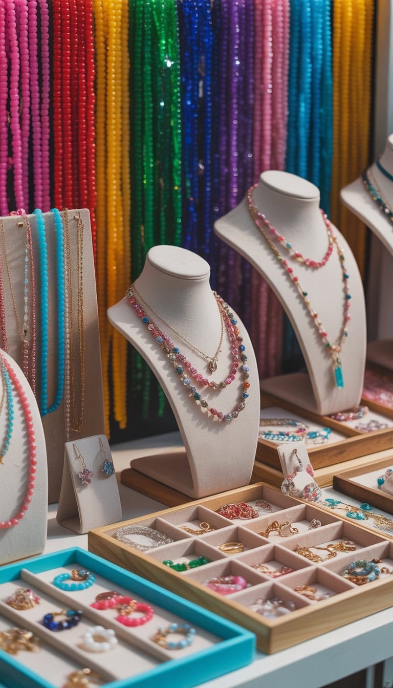 A jewelry vendor display with colorful beads as a backdrop and various jewelry pieces arranged on stands and trays.