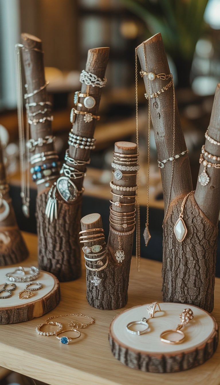 Jewelry pieces displayed on natural tree branch stands with rings, bracelets, necklaces, and earrings arranged neatly.