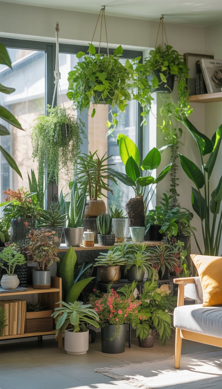 A bright indoor room filled with a variety of healthy green plants placed on shelves, tables, and hanging pots, creating a lively and peaceful atmosphere.