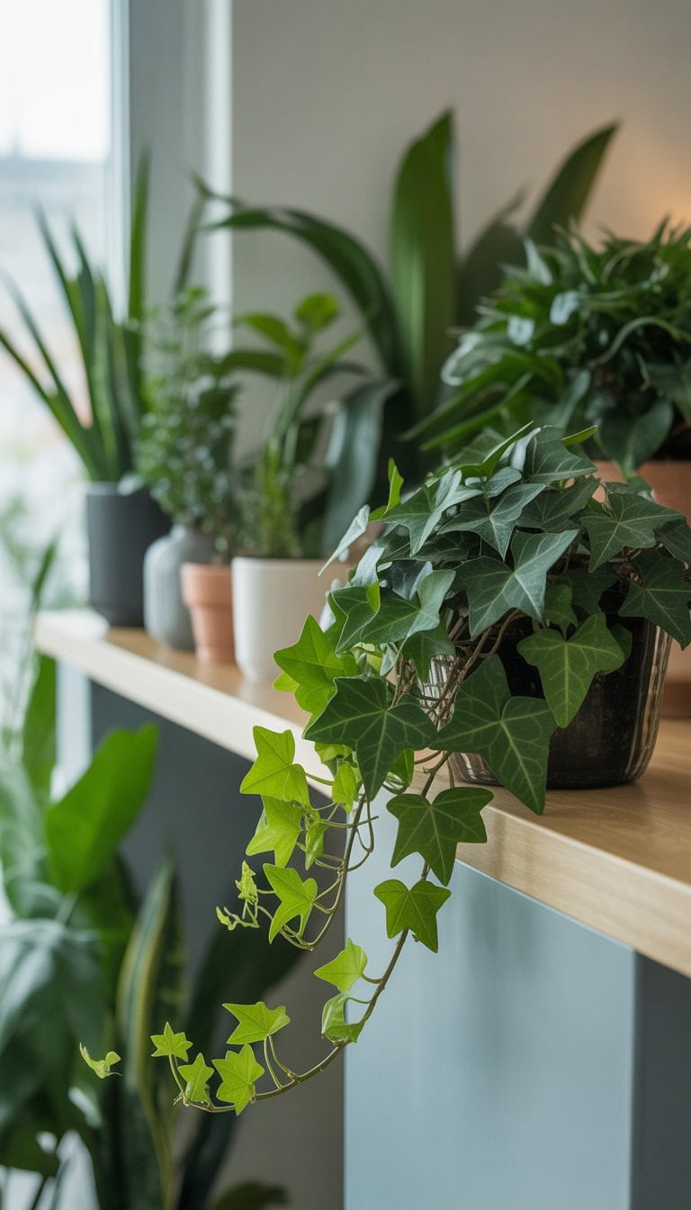 A healthy English Ivy plant and other indoor plants arranged on a wooden shelf by a window in a bright, clean living space.