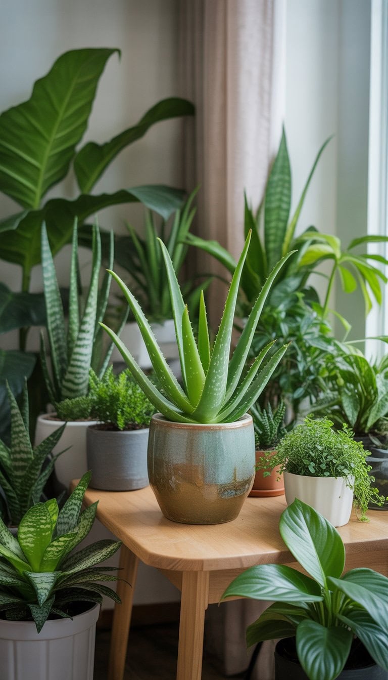 A variety of healthy indoor plants including a prominent Aloe Vera on a wooden table near a sunlit window, creating a fresh and calming indoor environment.