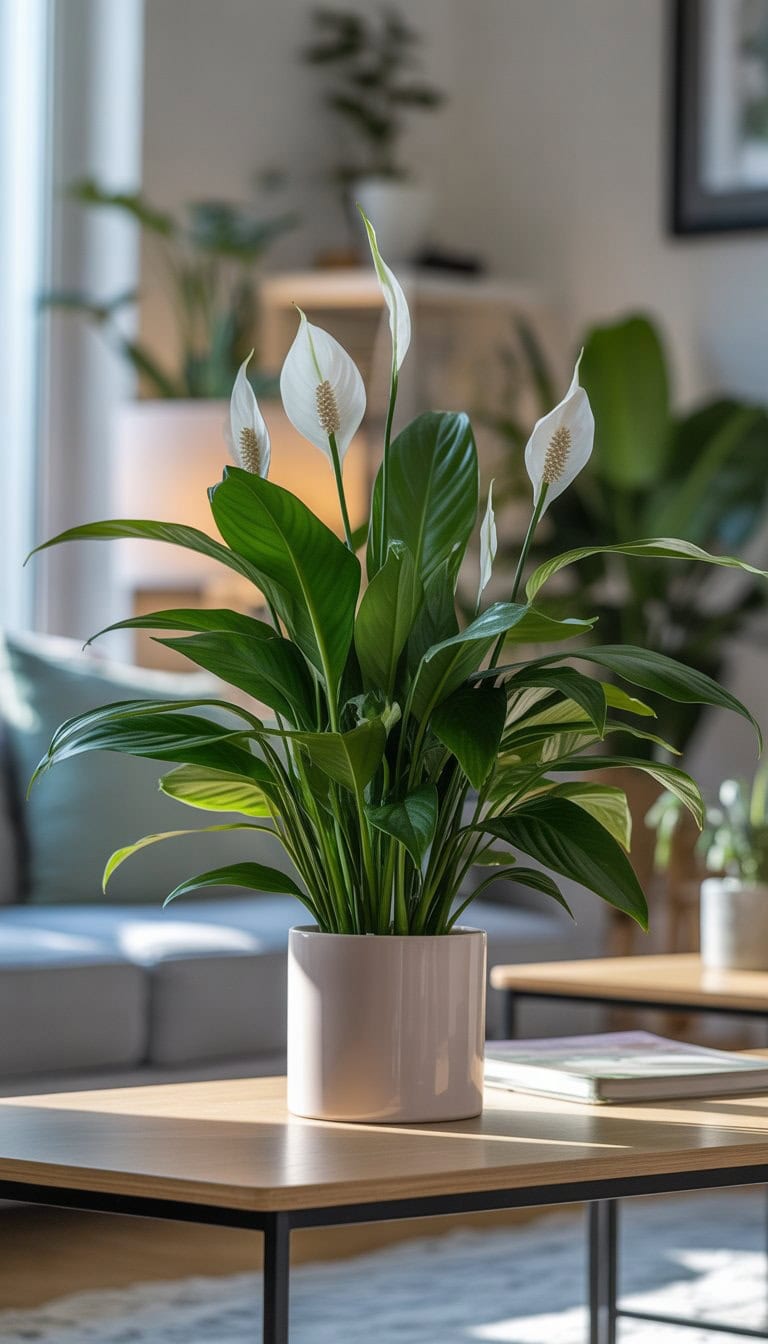 A Peace Lily plant with white flowers on a wooden table in a bright, cozy indoor room with other plants in the background.