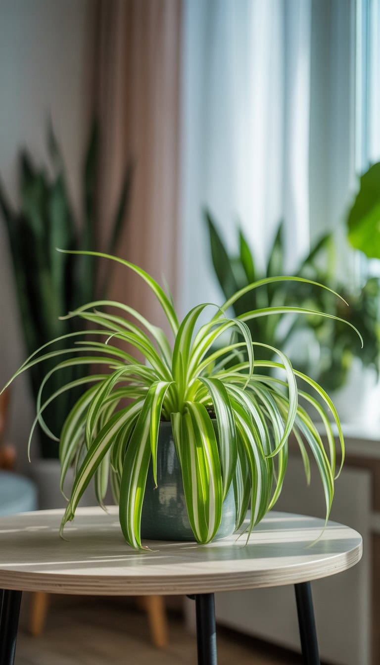 A healthy spider plant with long green and white leaves placed on a wooden table near a bright window in a cozy indoor room.