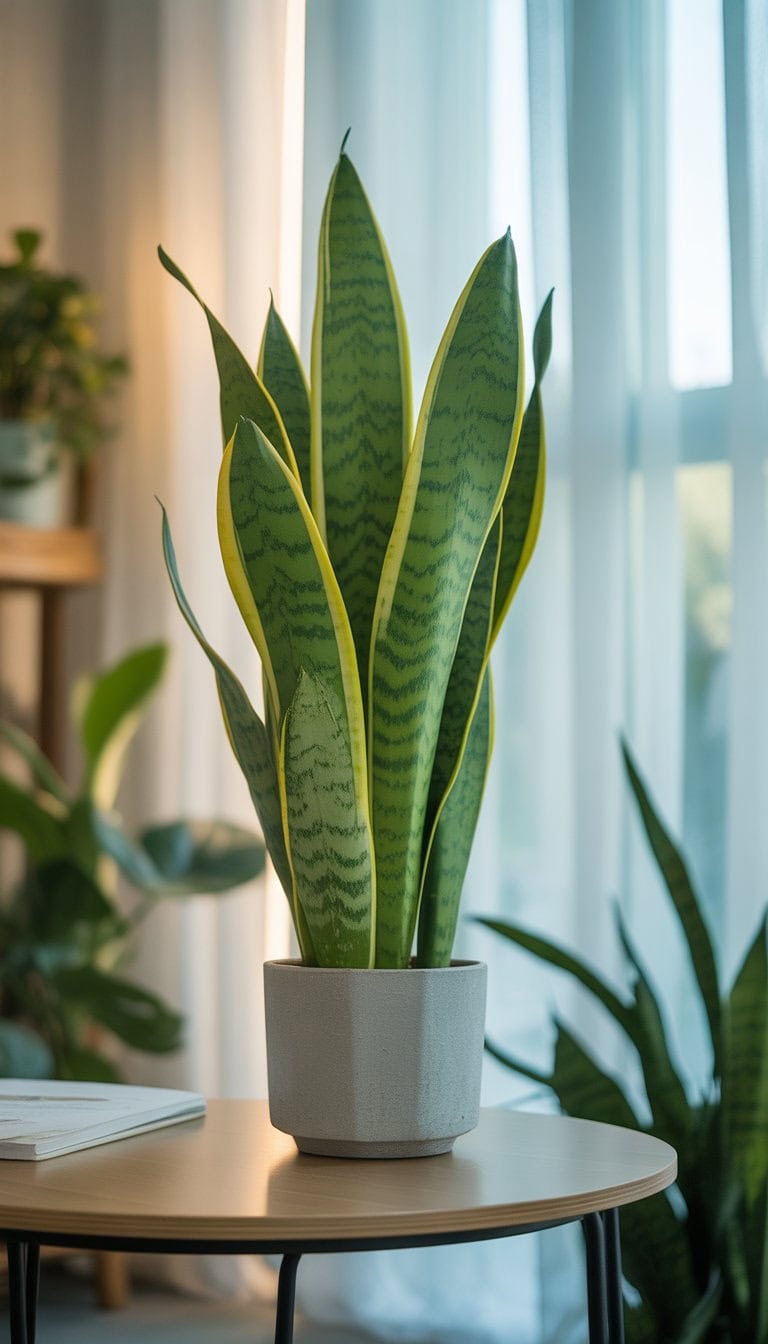 A snake plant with tall green leaves on a wooden table near a window in a bright indoor space.