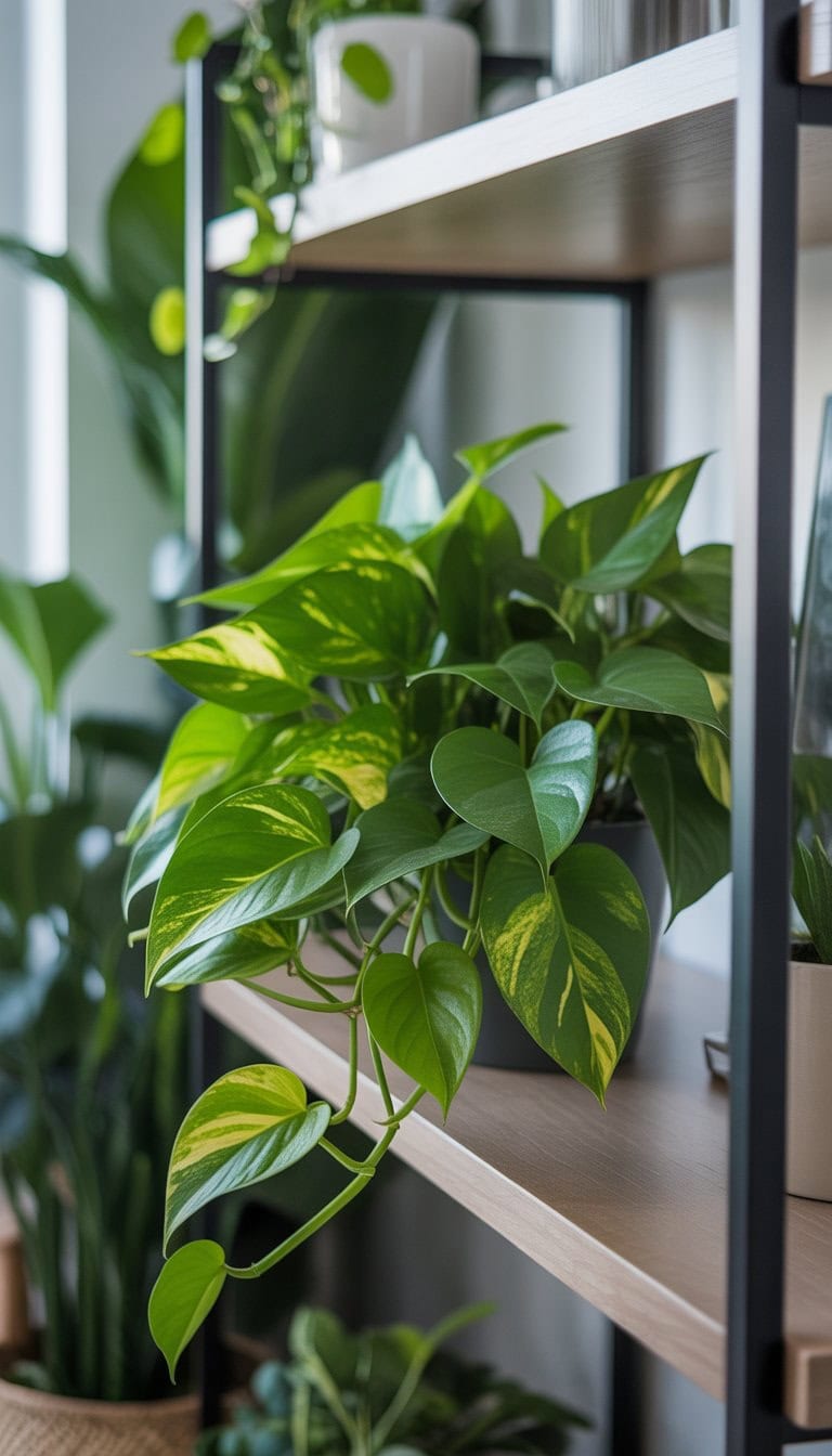 A Golden Pothos plant with green and yellow leaves placed indoors on a wooden shelf in a softly lit living space.