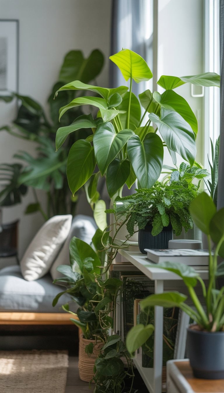 Indoor living room with a variety of green plants including a large philodendron, creating a calm and relaxing atmosphere.
