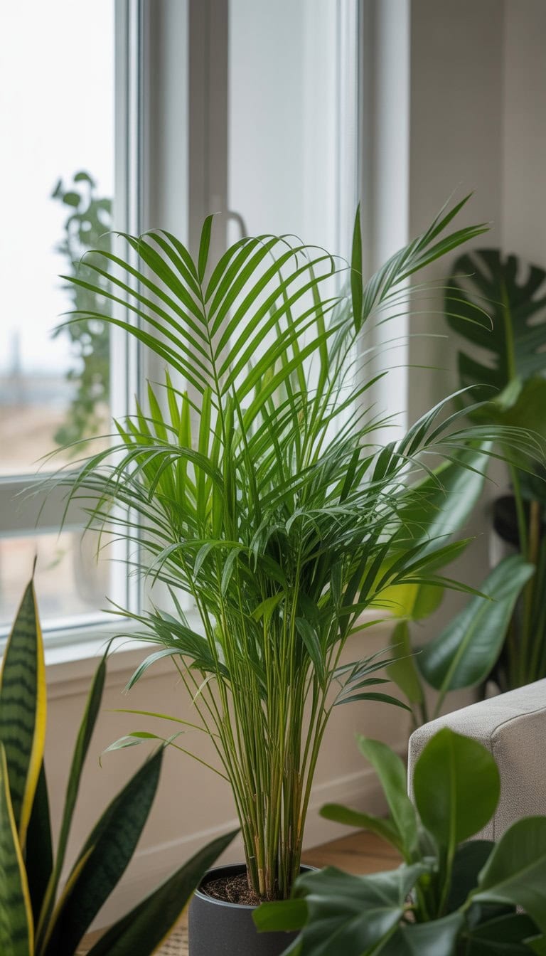 A bamboo palm plant with green leaves in a bright living room surrounded by other indoor plants near a window.