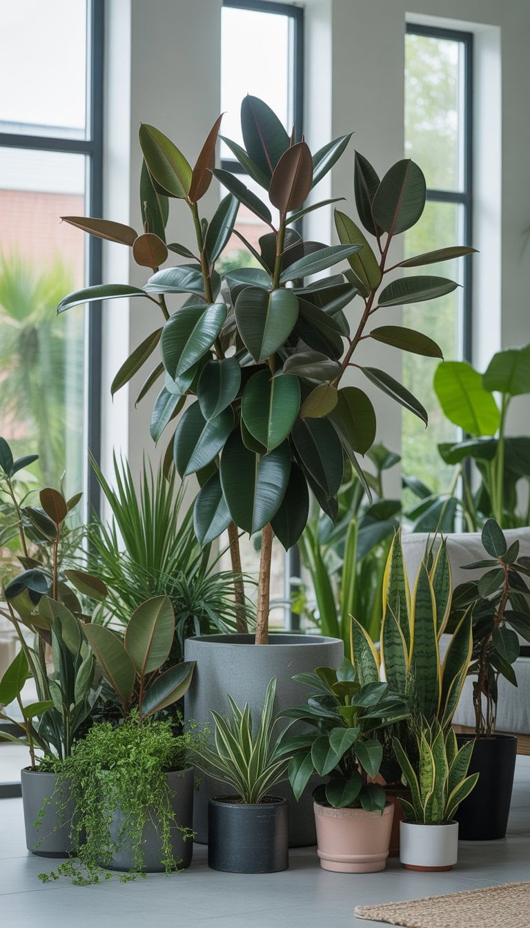 A bright indoor living space filled with a large Rubber Tree and various other indoor plants arranged around it.