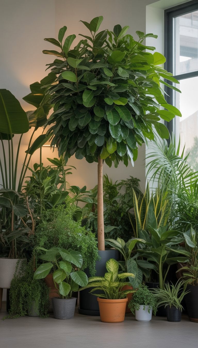 A bright indoor space with a large ficus tree and many other green plants arranged around it.