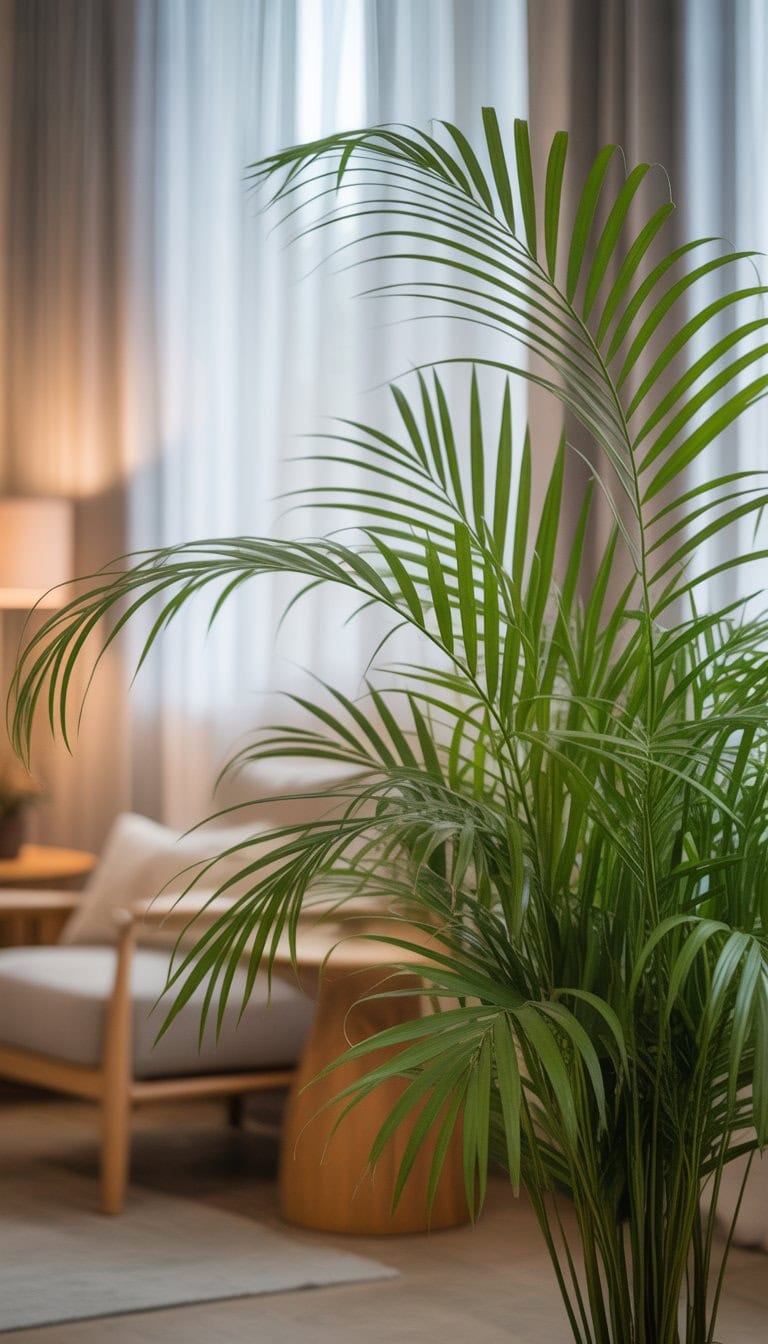 A vibrant Parlor Palm plant displayed in a cozy indoor living space with soft natural light and home decor.