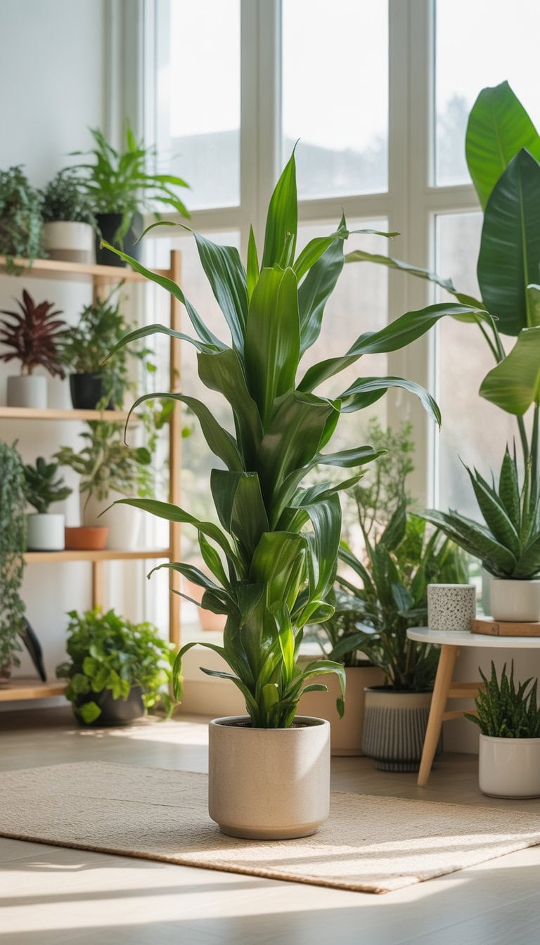 A bright indoor living space featuring a healthy Corn Plant among a variety of other indoor plants arranged on shelves and tables.