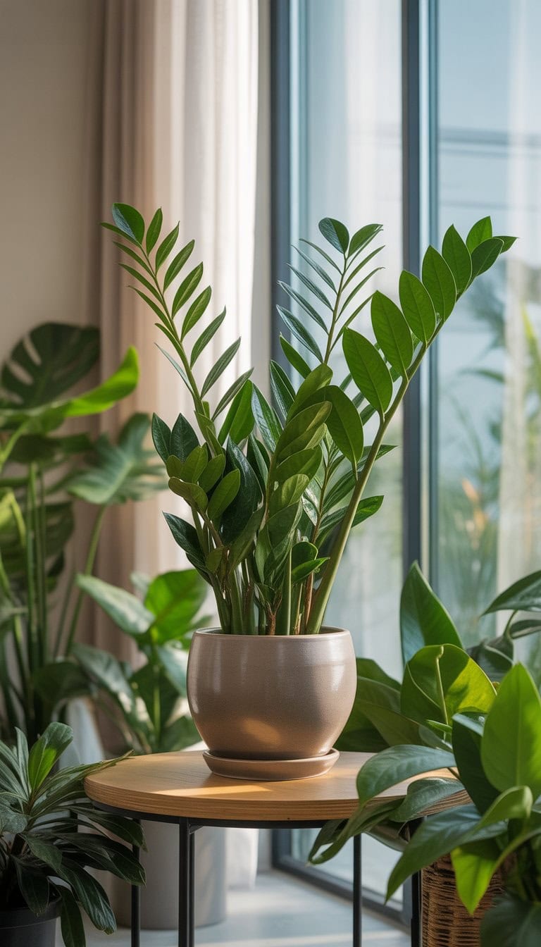 A ZZ Plant with glossy green leaves in a ceramic pot on a wooden table near a window, surrounded by other indoor plants in a bright, clean room.